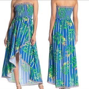 FLYING TOMATO Women's Large Tropical Smocked Tube Top Hi-Lo Striped Dress